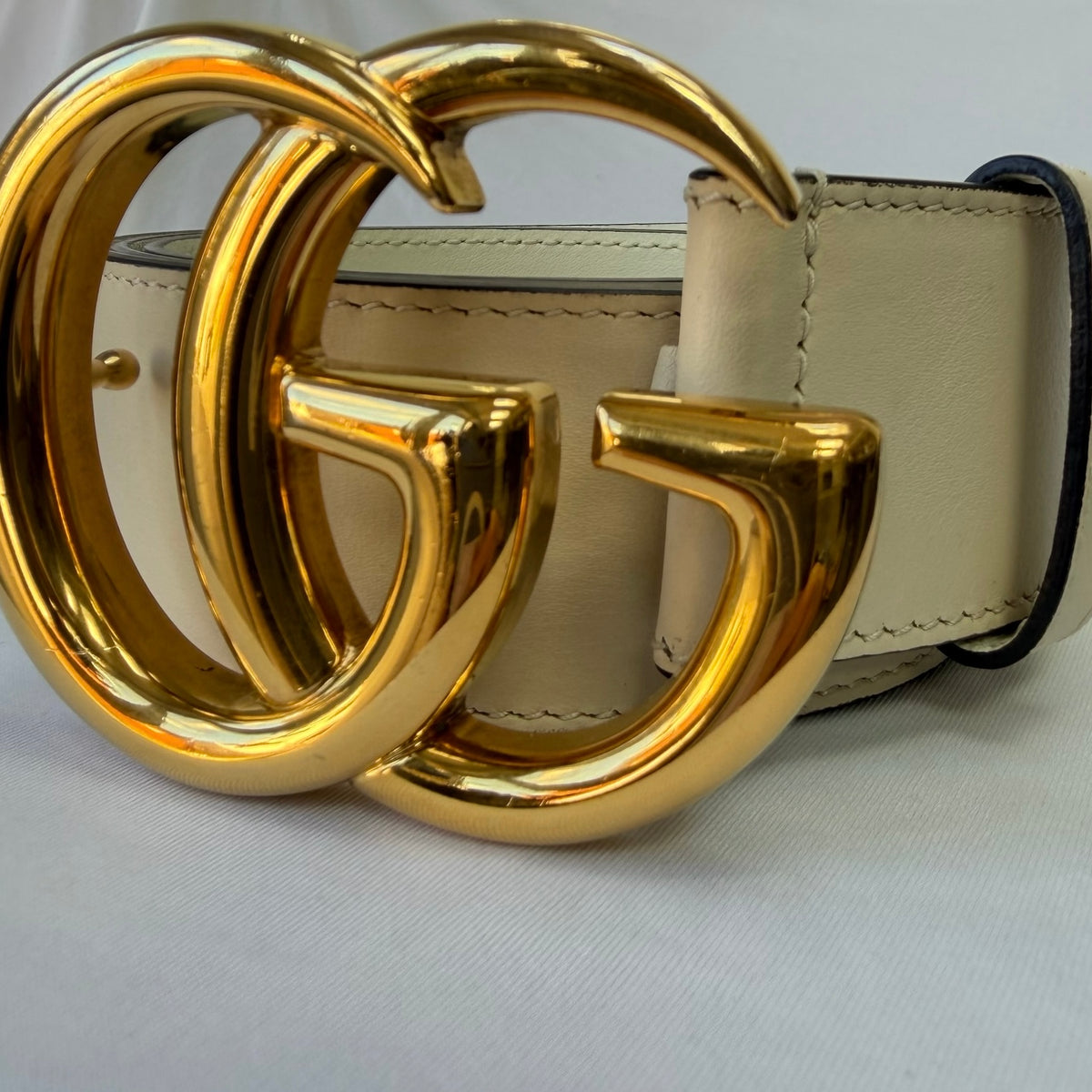 Gucci GG Marmont 24k Gold Buckle Cream Leather Belt 4cm 85cm 34” 400593