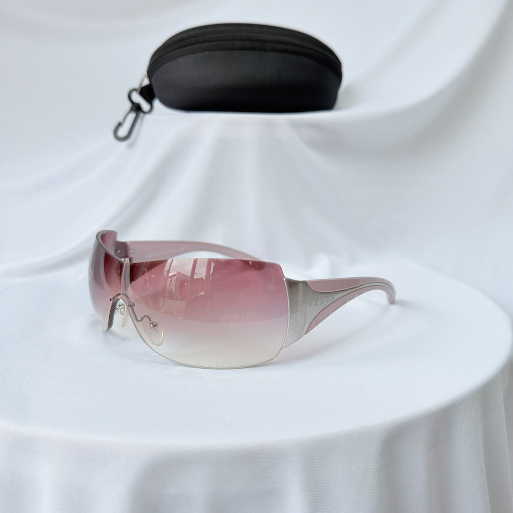 Vintage Prada Y2K Lilac Purple Silver Frameless Wrap Sunshield Oversized Sunglasses SPR 041