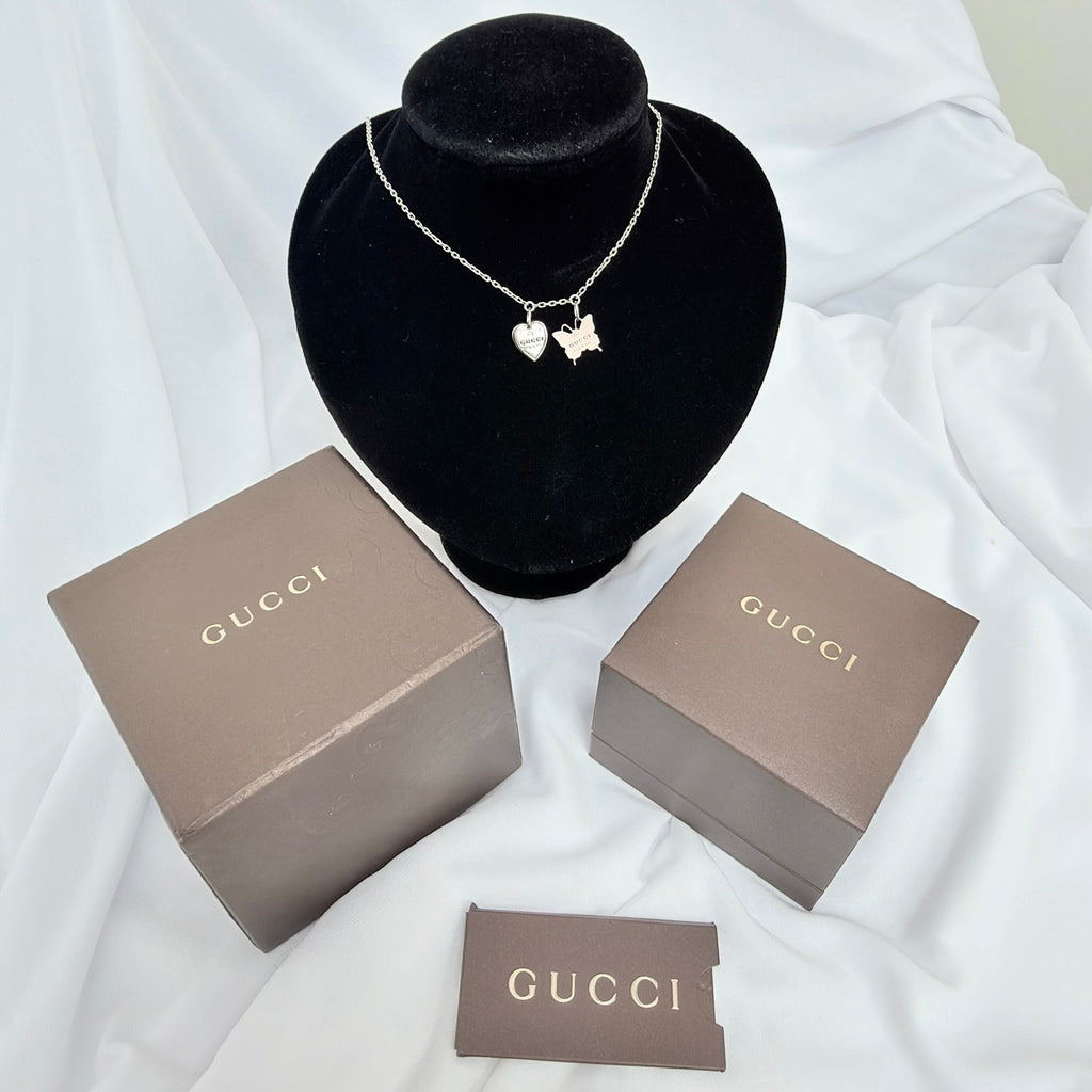Gucci Heart Butterfly Charm Sterling Silver 925 Women's Necklace 17.5-19” With Packaging