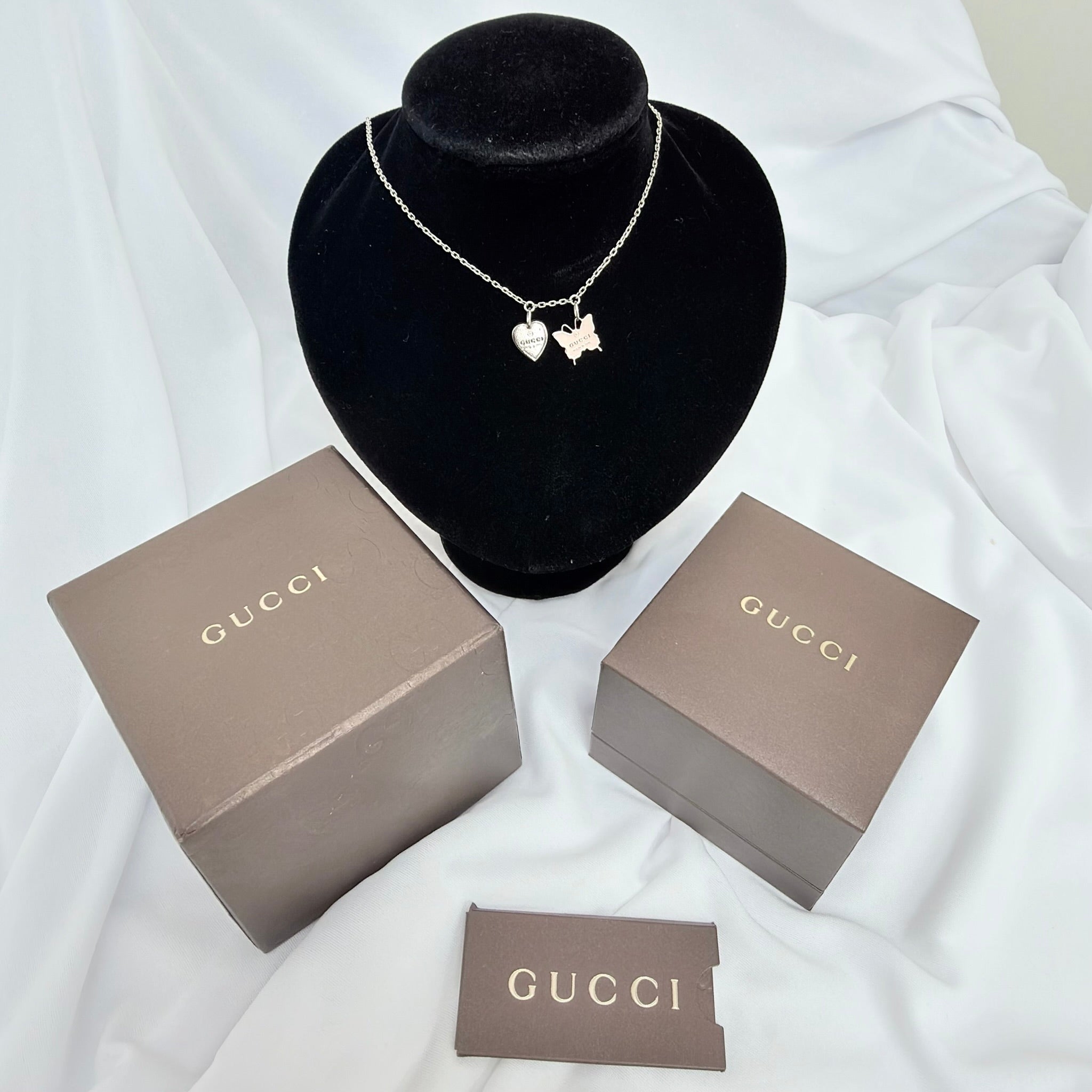 Gucci Heart Butterfly Charm Sterling Silver 925 Women's Necklace 17.5-19” With Packaging