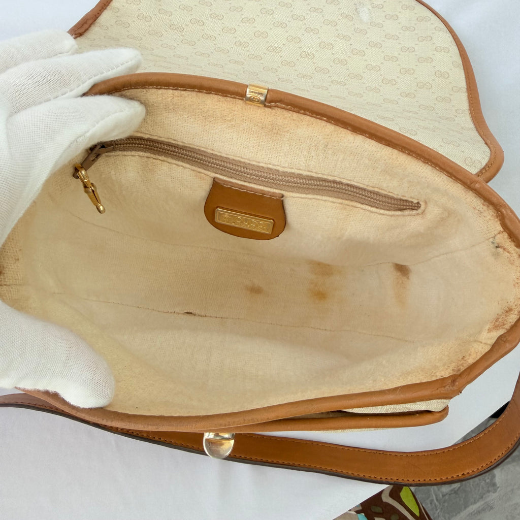 Vintage Gucci GG Supreme Monogram Small Leather Coated Canvas Beige Tan Cream Crossbody Turn Lock Handbag