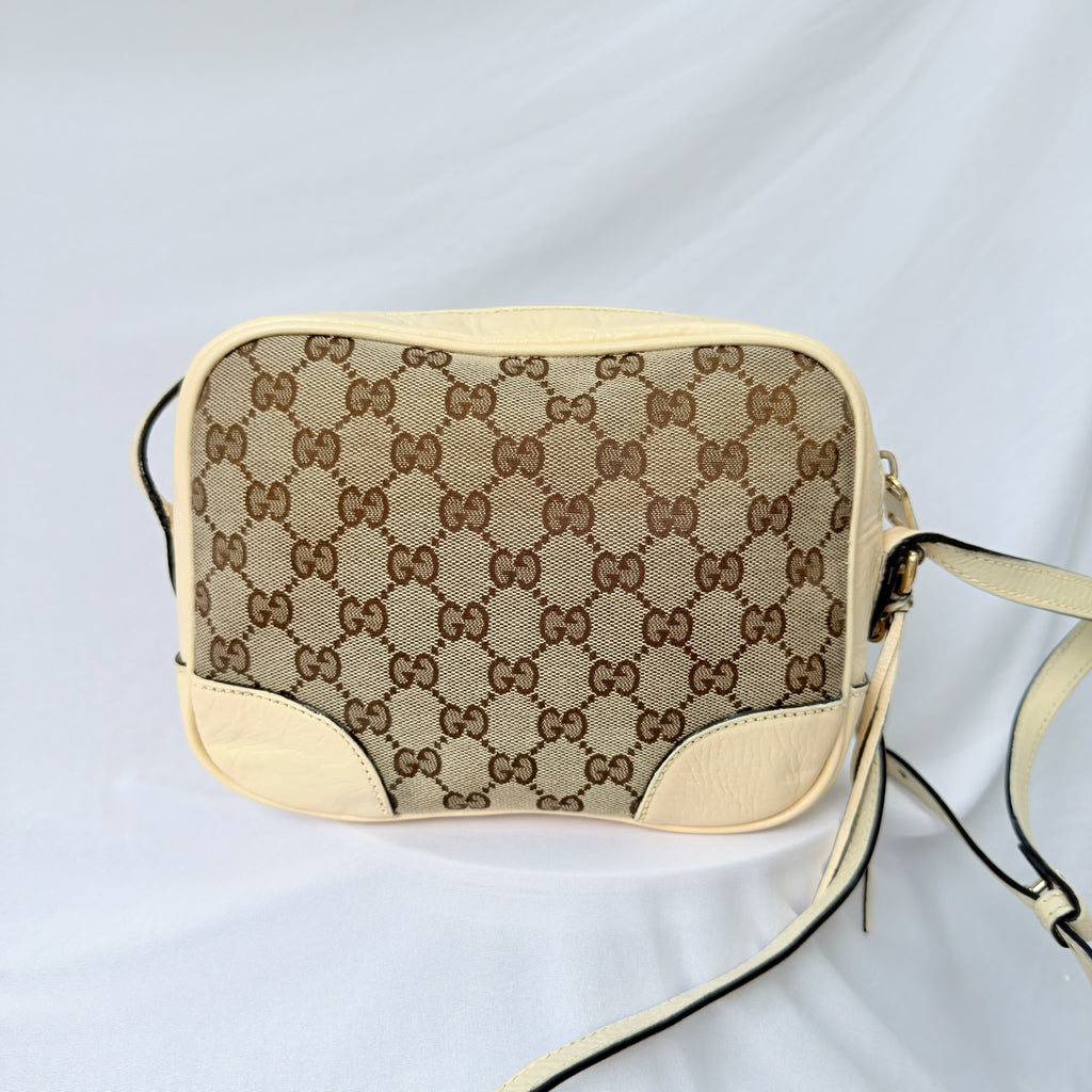 Authentic Gucci GG Bree Cream Leather Brown Canvas Crossbody Women's Bag With Dust bag