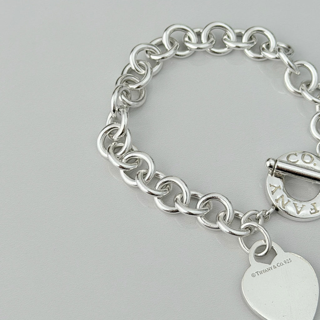 Authentic Vintage Tiffany & Co. Sterling Silver 925 Toggle Heart Pendant Bracelet With Pouch 21cm