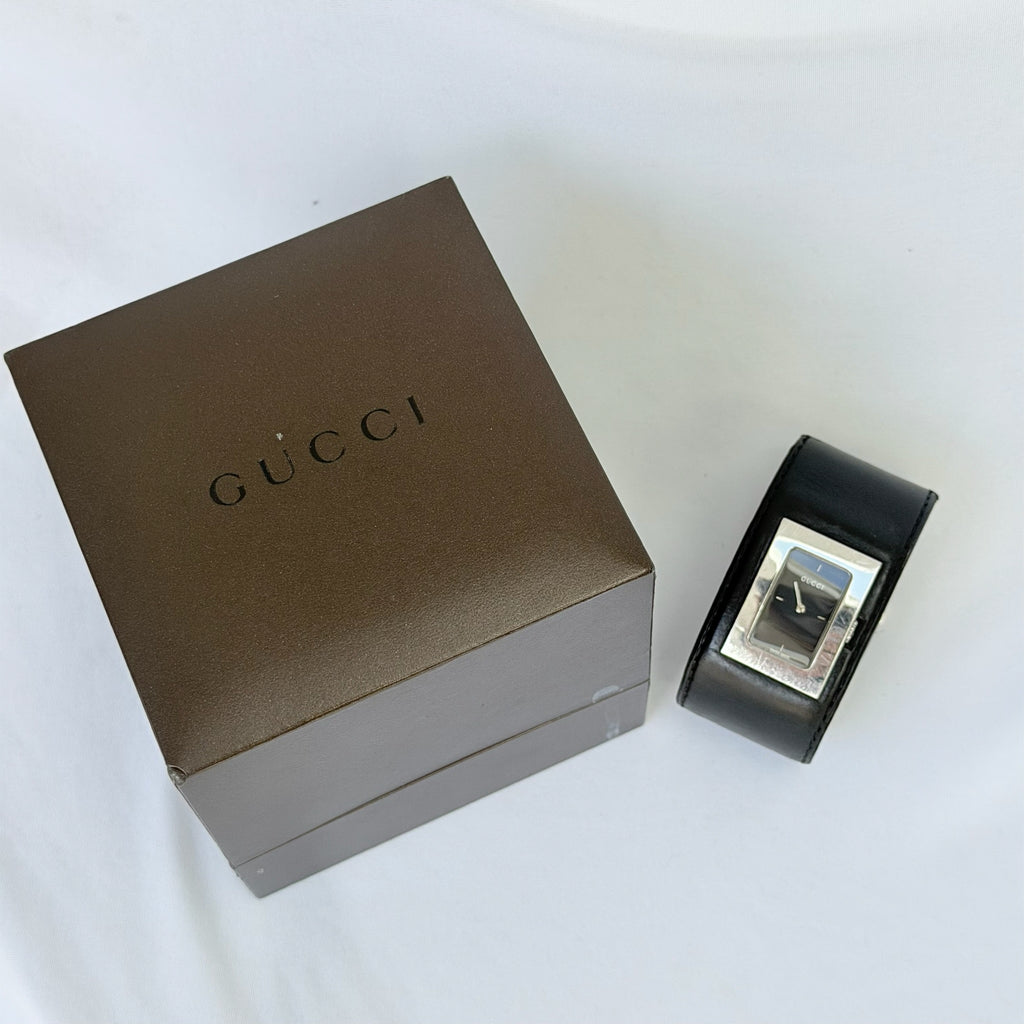 Gucci 7800L Women's Quartz Watch Black Leather Rectangular With Packaging 19cm