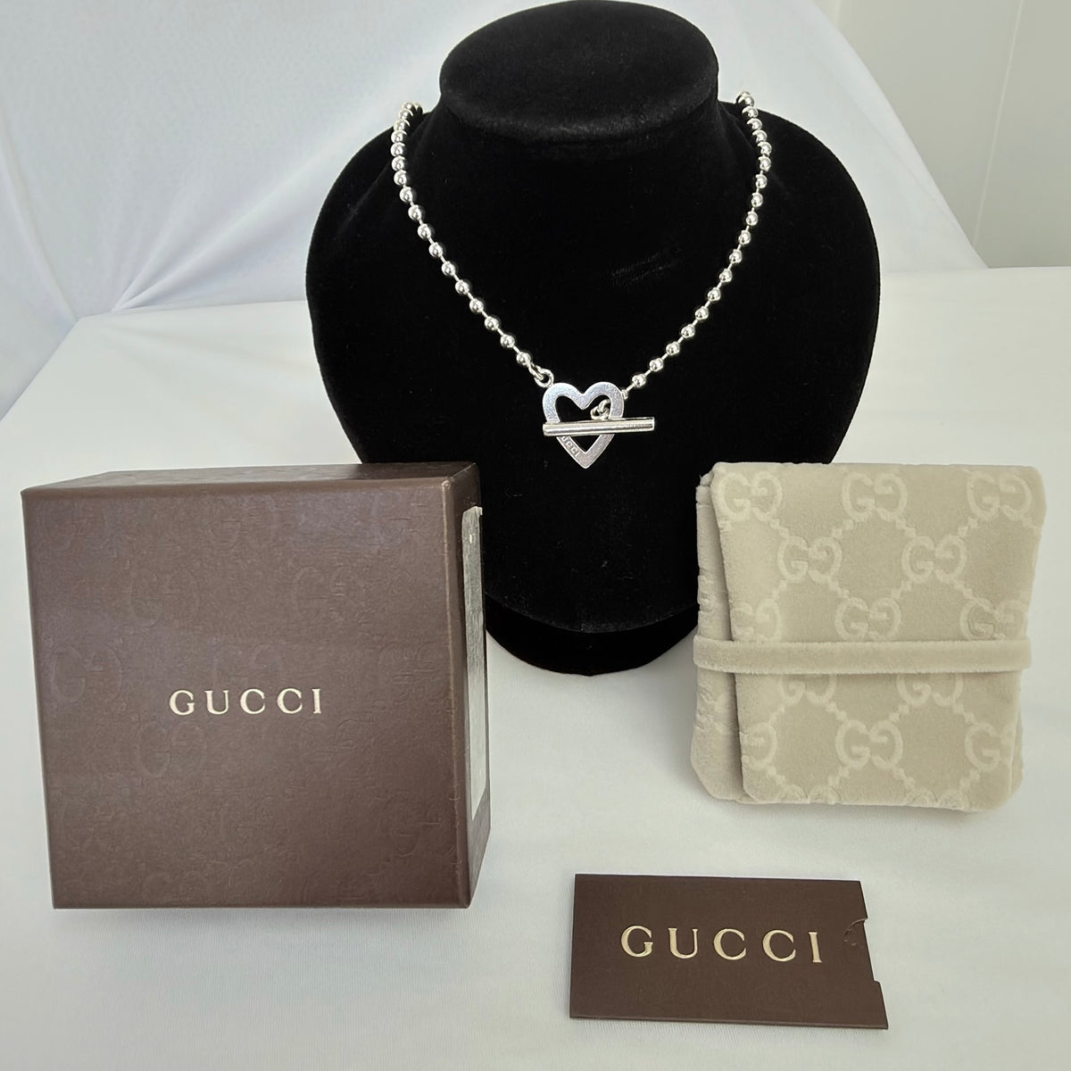 Gucci Heart Boule Popcorn Necklace T Bar Toggle Sterling Silver 925 15.5 Inches With Packaging