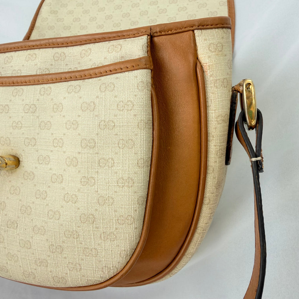 Vintage Gucci GG Supreme Monogram Small Leather Coated Canvas Beige Tan Cream Crossbody Turn Lock Handbag