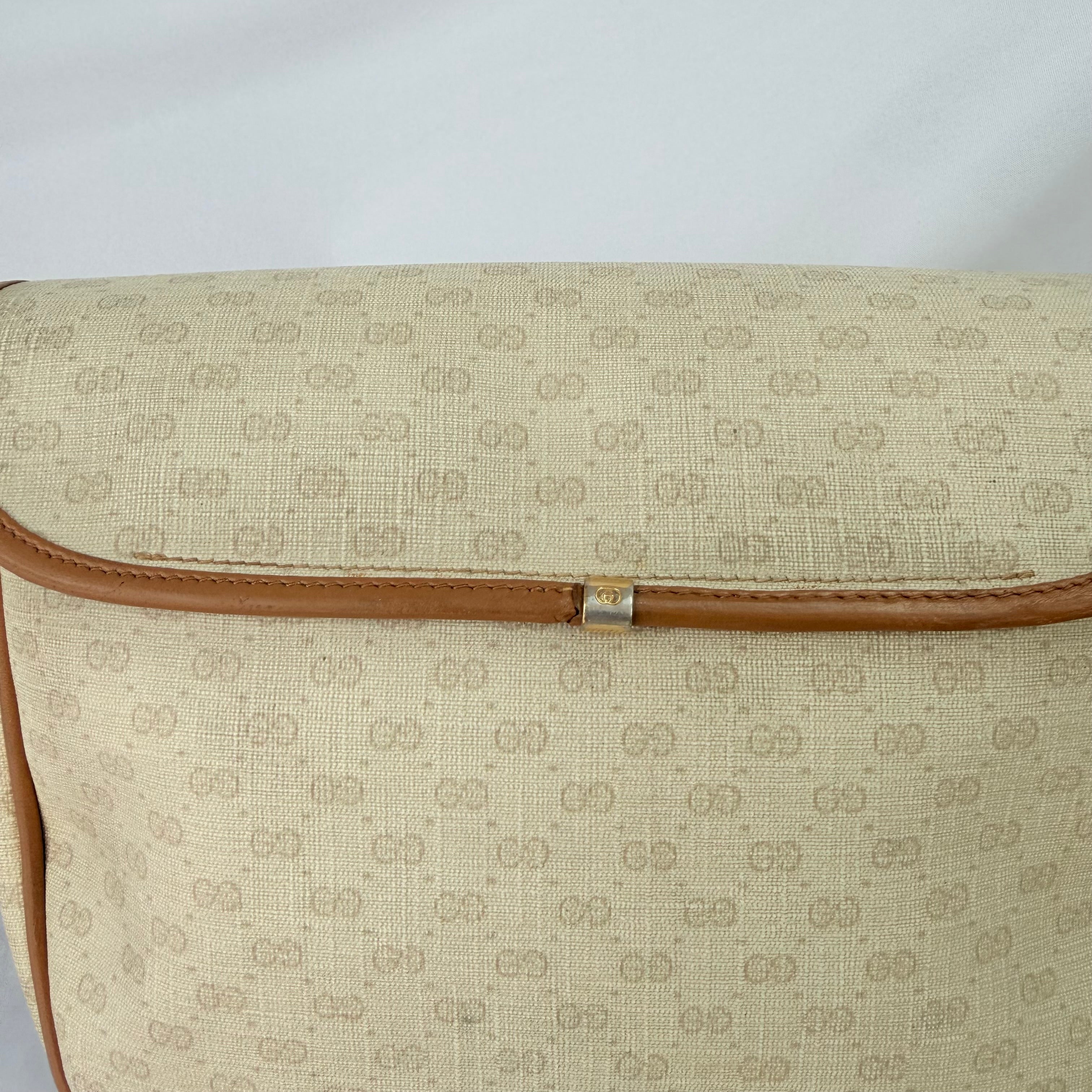 Vintage Gucci GG Supreme Monogram Small Leather Coated Canvas Beige Tan Cream Crossbody Turn Lock Handbag