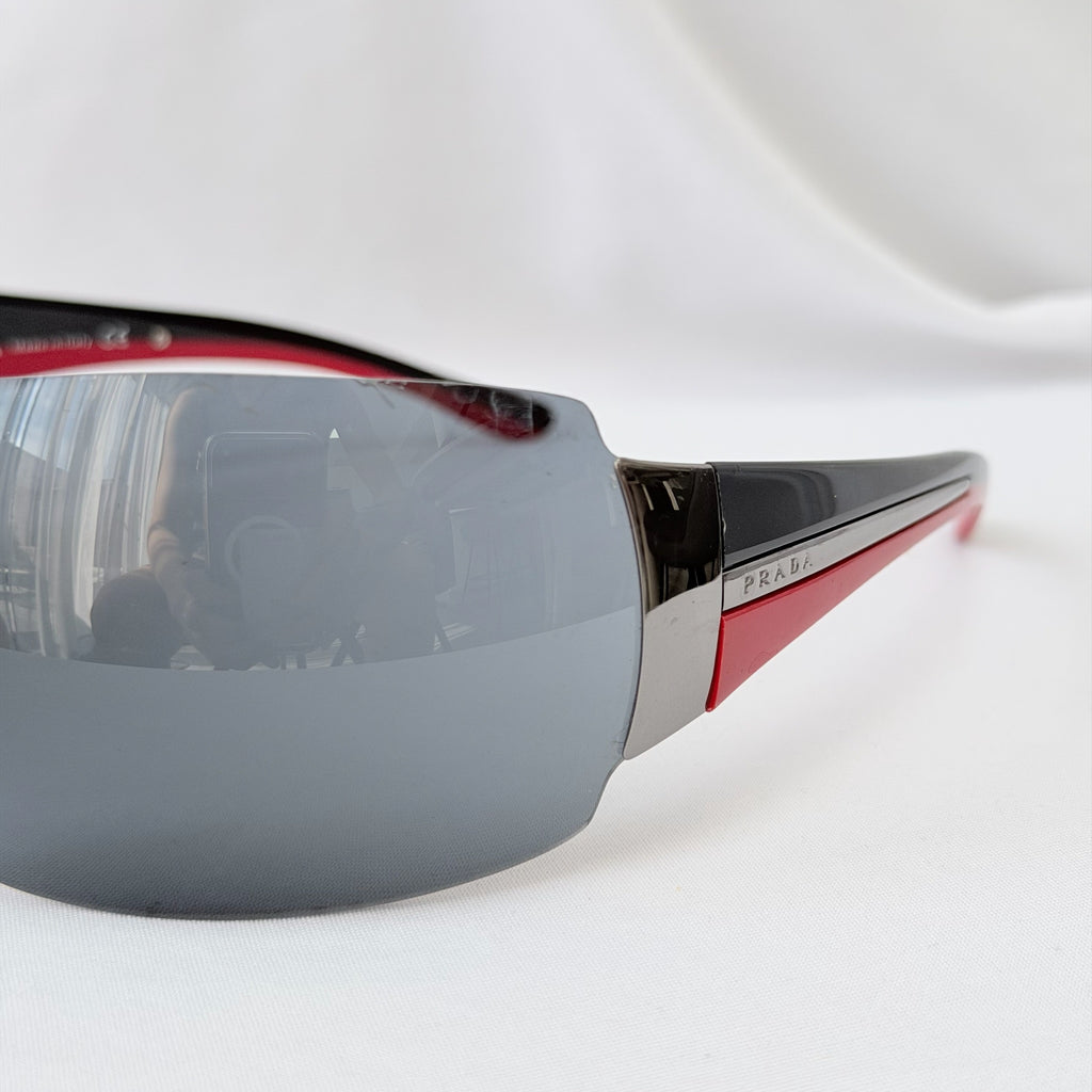 Vintage Prada Wrap Shield Red, Silver & Black Unisex Sunglasses SPR 54G With Case