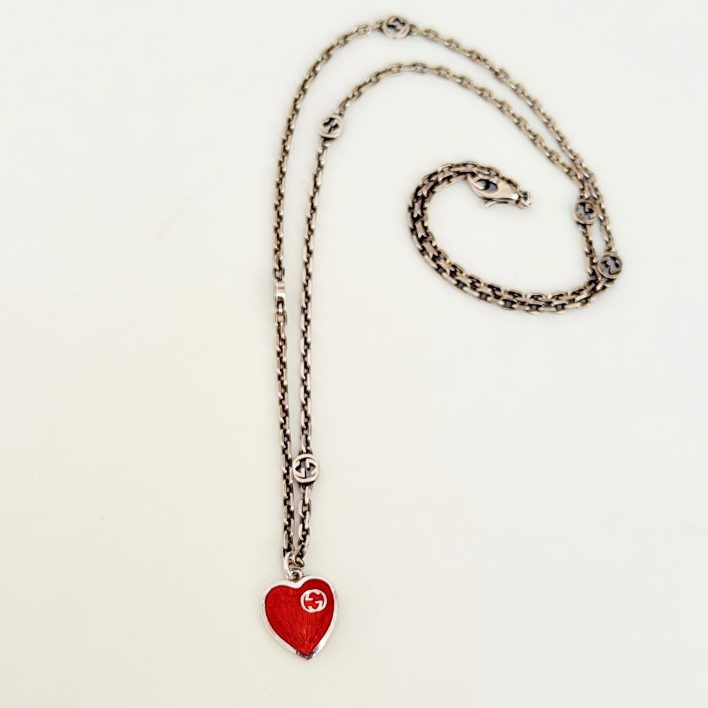 Authentic Gucci interlocking G chain Sterling Silver 925 Red Heart Necklace 19.5 Inches With Packaging