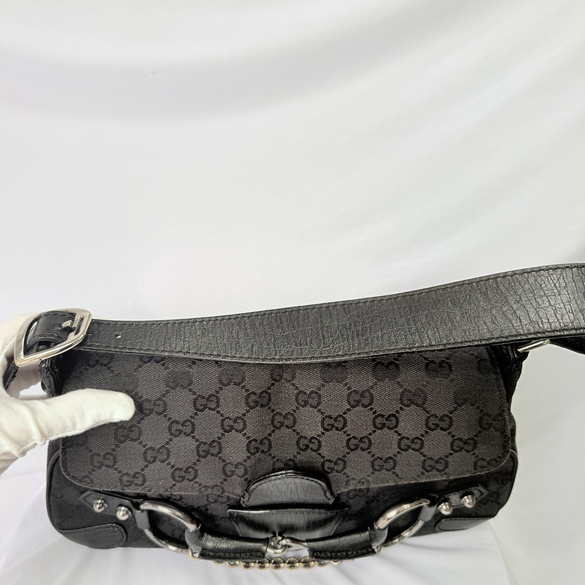 Vintage Gucci Horsebit Black Monogram Canvas Medium Shoulder Handbag Tom Ford Era 2004