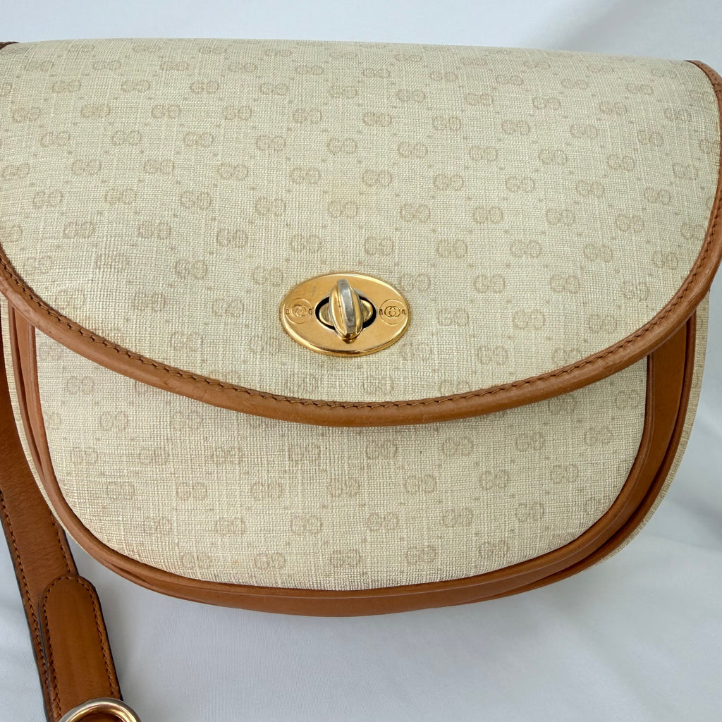 Vintage Gucci GG Supreme Monogram Small Leather Coated Canvas Beige Tan Cream Crossbody Turn Lock Handbag