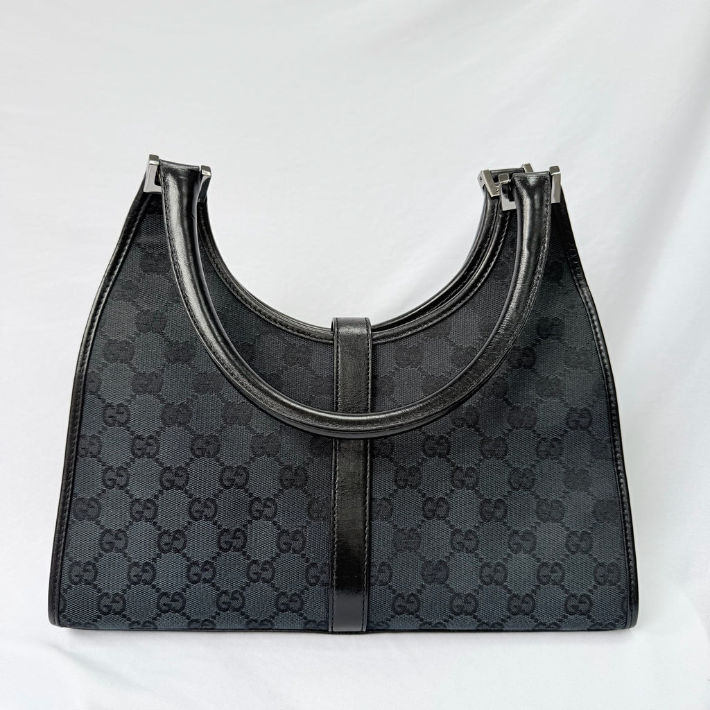 Authentic Vintage Gucci Jackie Bardot Black Monogram Supreme Gg Canvas Leather Medium Handbag
