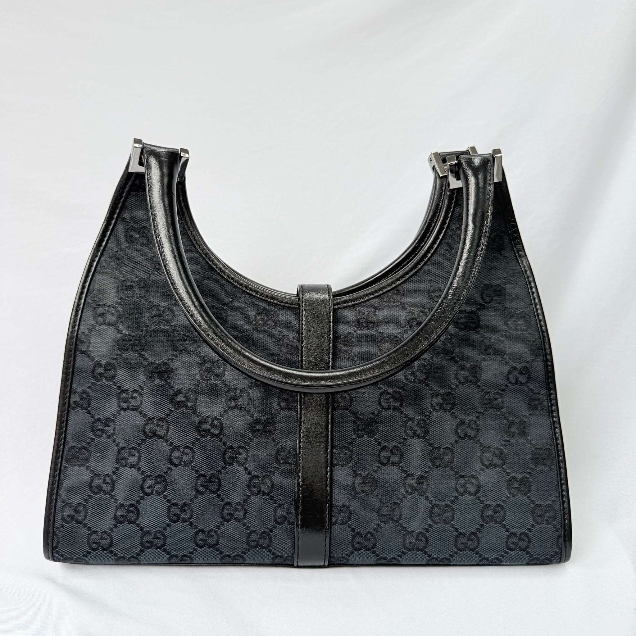 Authentic Vintage Gucci Jackie Bardot Black Monogram Supreme Gg Canvas Leather Medium Handbag