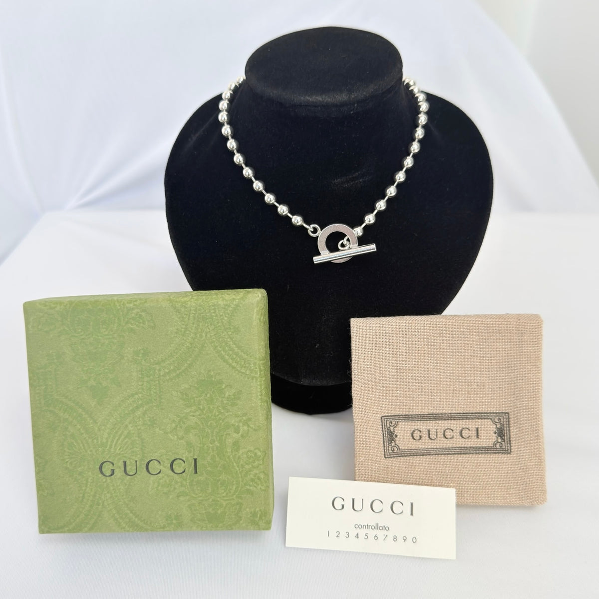 Gucci Vintage Boule Popcorn Necklace Toggle Sterling Silver 925 Women's 15 inches With Packaging