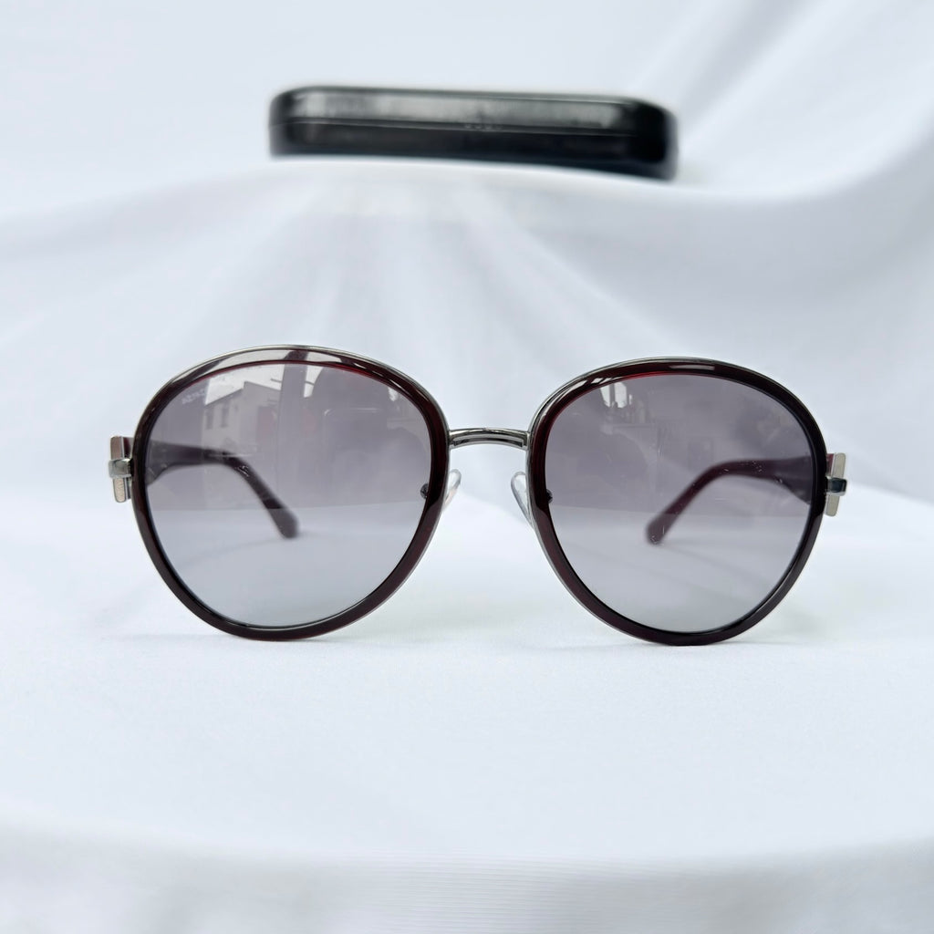 Prada SPR 51N Burgundy Red Striped Arms Oversized Oval Round Women’s Sunglasses