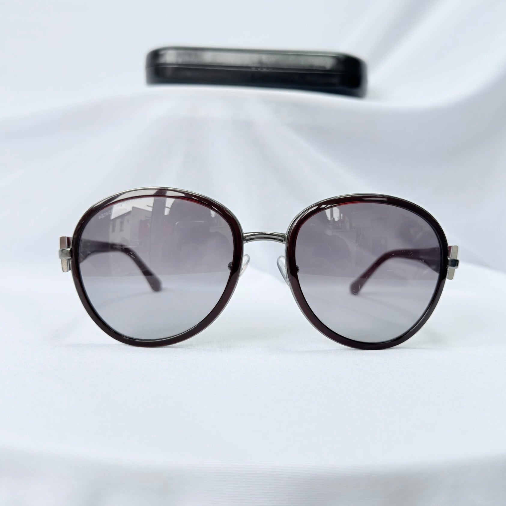Prada SPR 51N Burgundy Red Striped Arms Oversized Oval Round Women’s Sunglasses