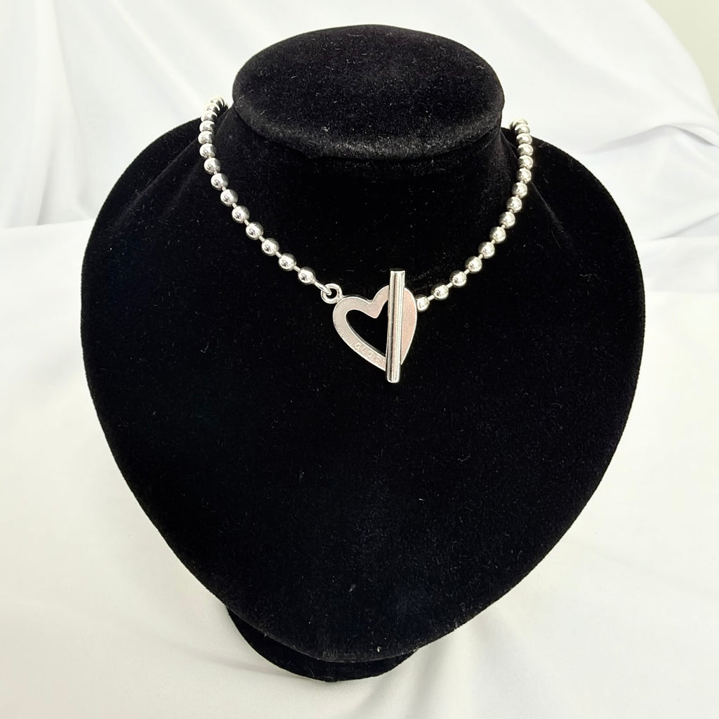 Gucci Heart Boule Popcorn Necklace Choker T Bar Toggle Fastening Sterling Silver 925 Women's 16 Inches