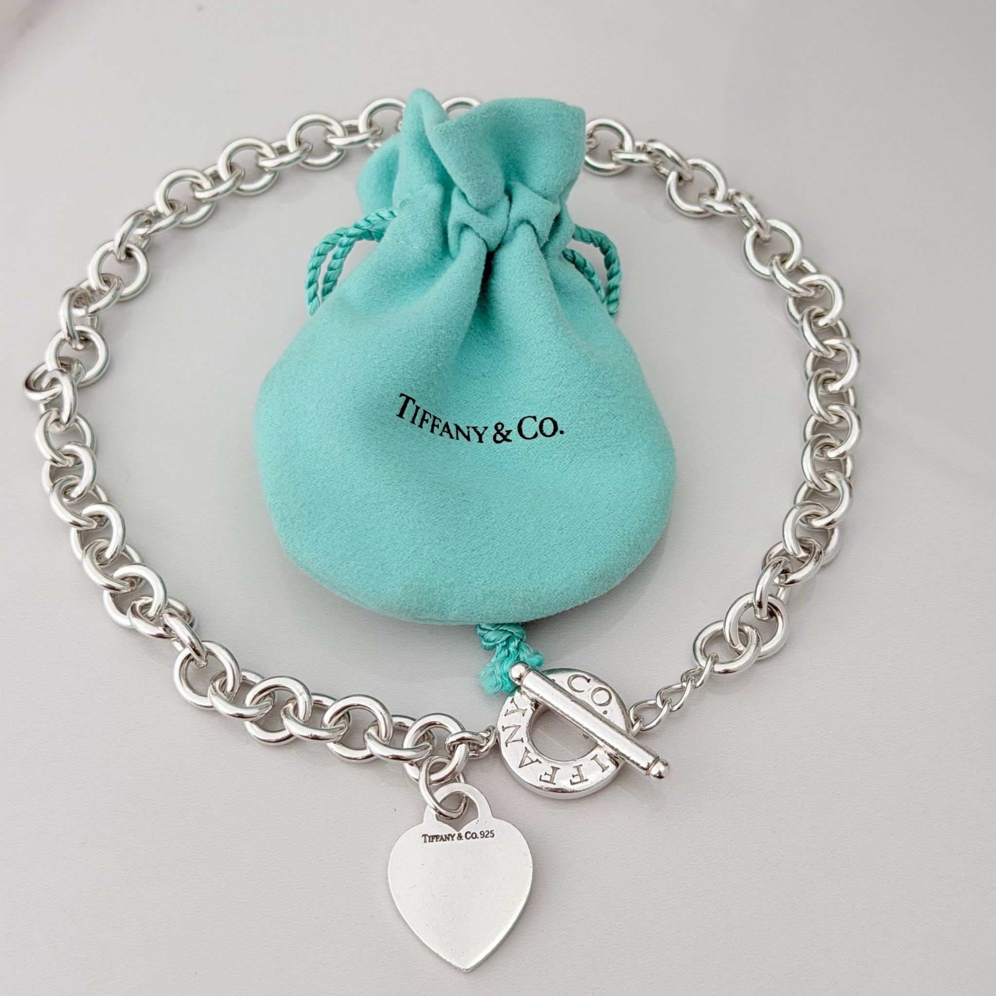 Authentic Vintage Tiffany & Co. Sterling Silver 925 Toggle Heart Pendant Choker Necklace With Pouch 16 inches