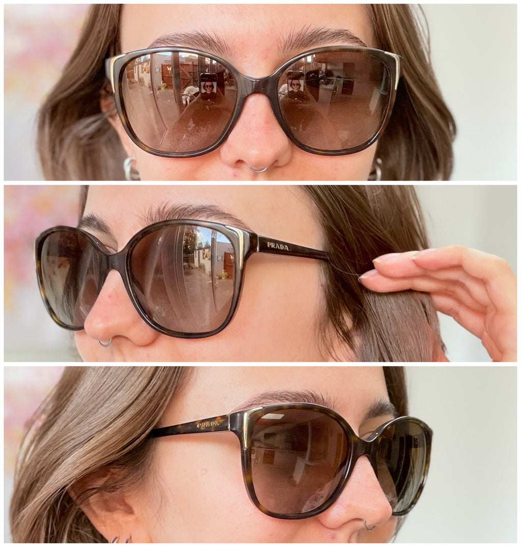 Prada Cat Eye Square Metal Corners Women's Sunglasses Brown Tortoiseshell Polarised SPR 01O