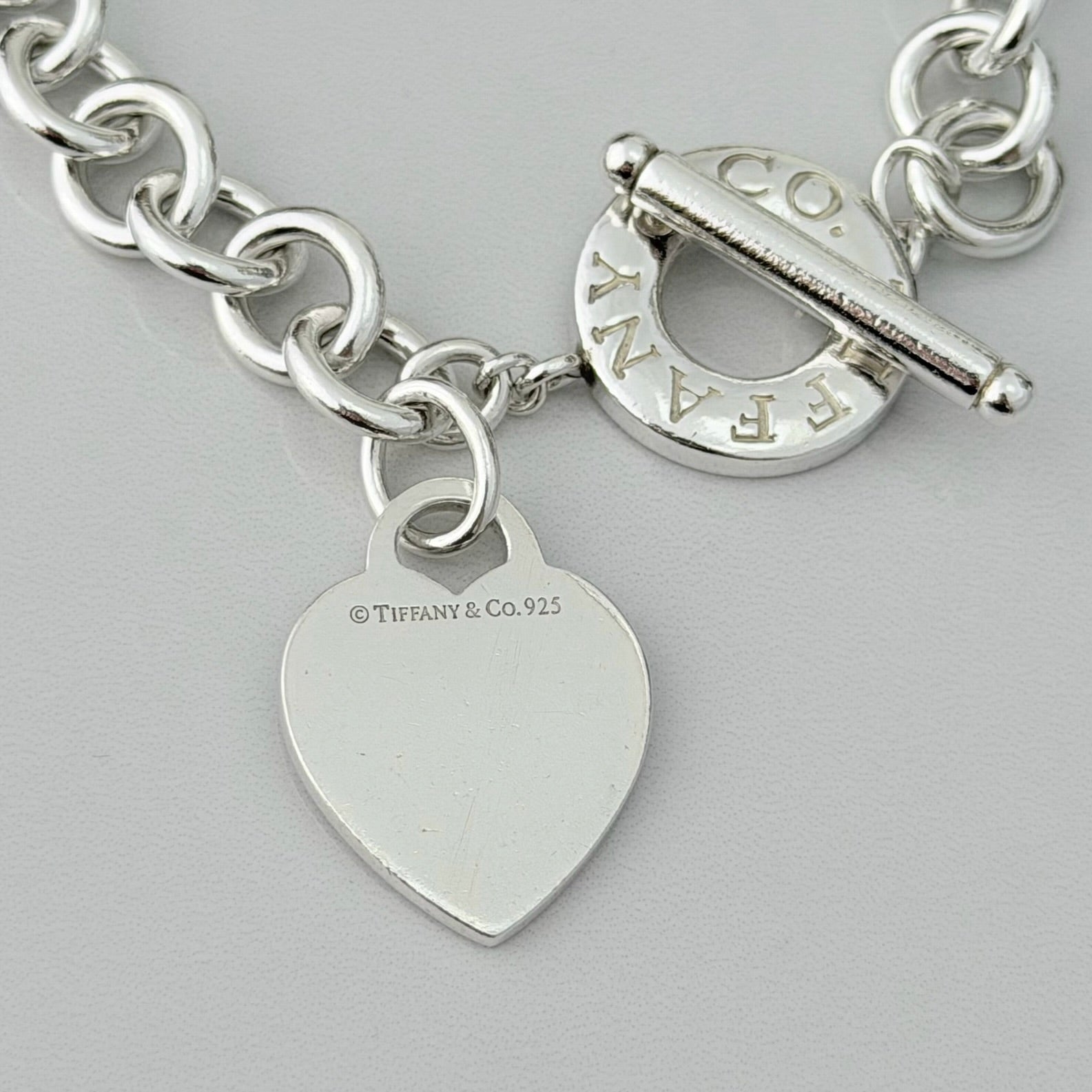 Authentic Vintage Tiffany & Co. Sterling Silver 925 Toggle Heart Pendant Bracelet With Pouch 21cm