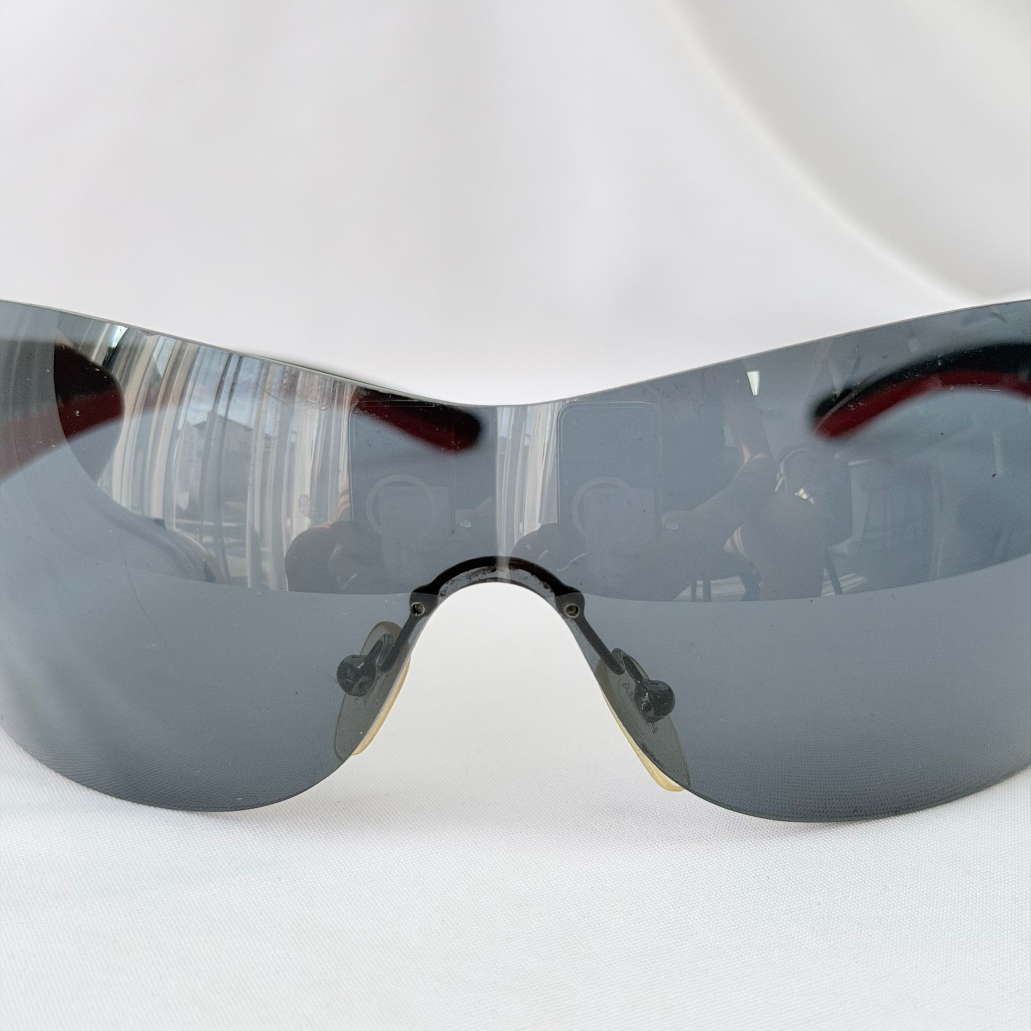 Vintage Prada Wrap Shield Red, Silver & Black Unisex Sunglasses SPR 54G With Case