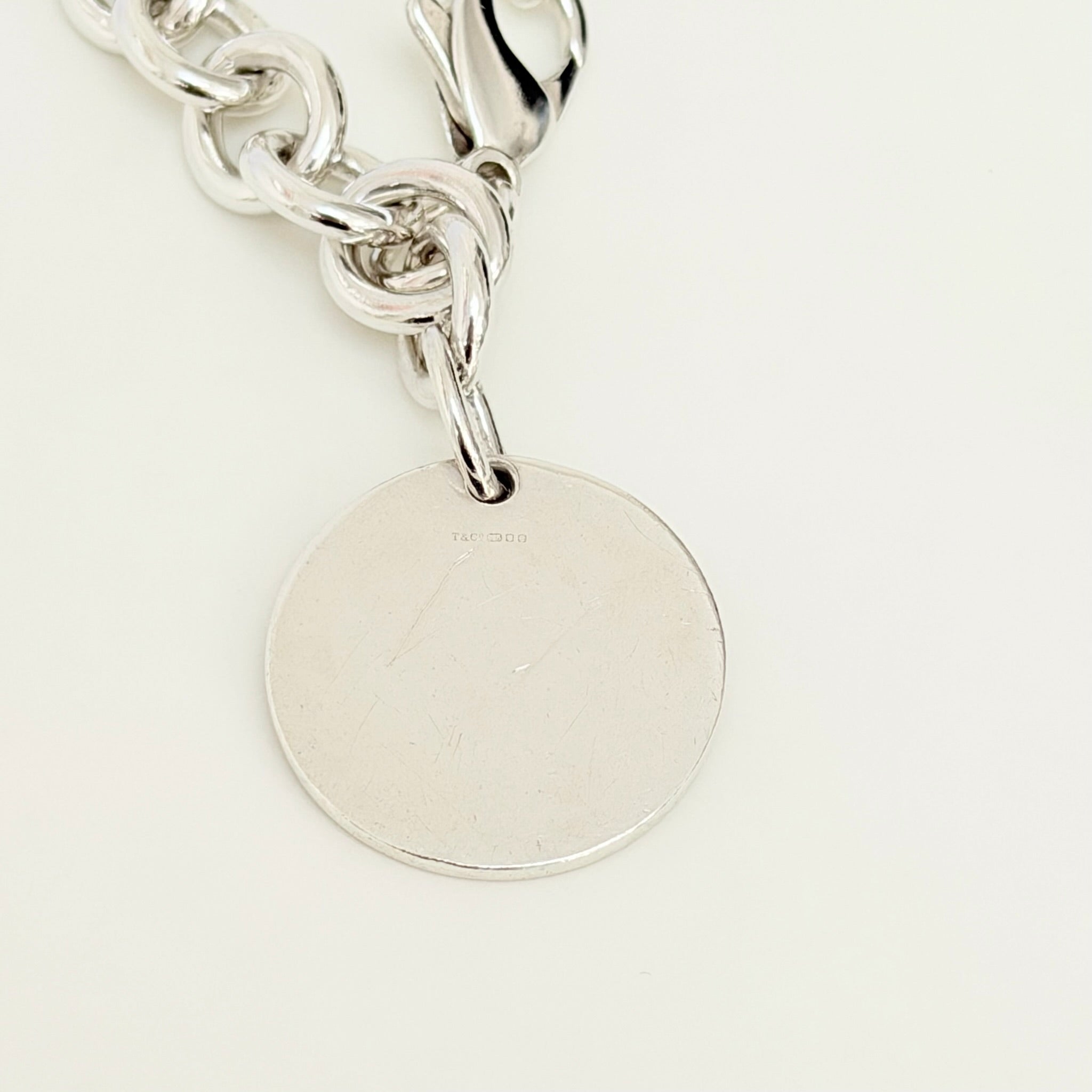 Authentic Tiffany & Co. Sterling Silver 925 Chunky Chain Large Round Tag Disc Bracelet 7.5 Inches With Packaging