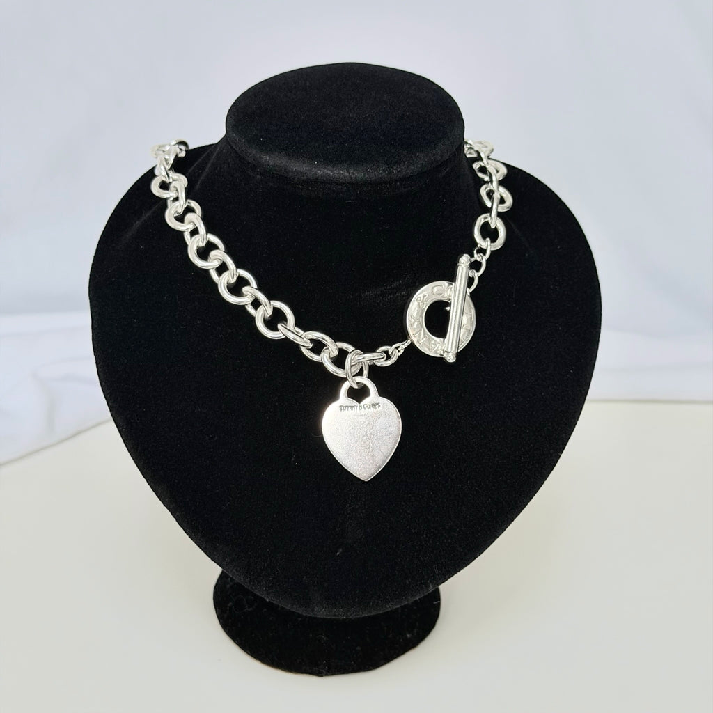 Authentic Vintage Tiffany & Co. Sterling Silver 925 Toggle Heart Pendant Choker Necklace With Pouch 15 Inches
