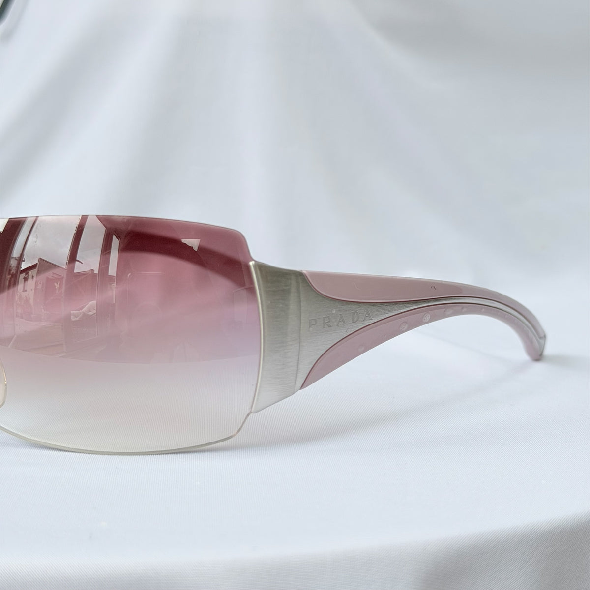 Vintage Prada Y2K Lilac Purple Silver Frameless Wrap Sunshield Oversized Sunglasses SPR 041