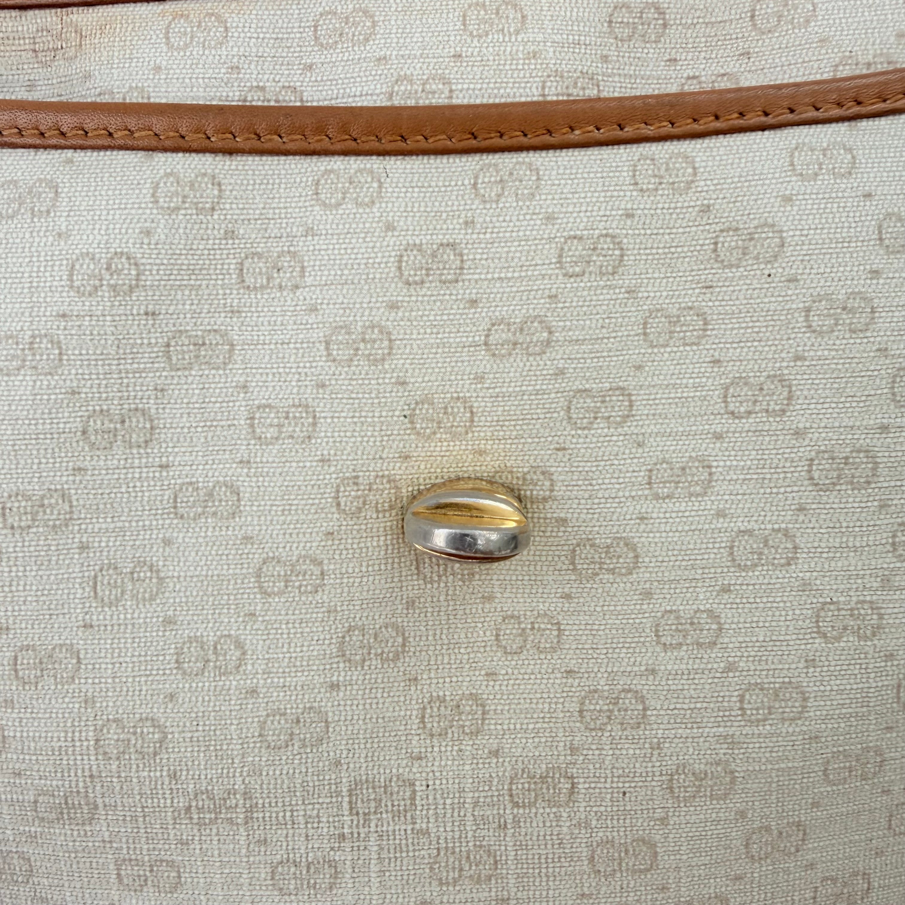 Vintage Gucci GG Supreme Monogram Small Leather Coated Canvas Beige Tan Cream Crossbody Turn Lock Handbag