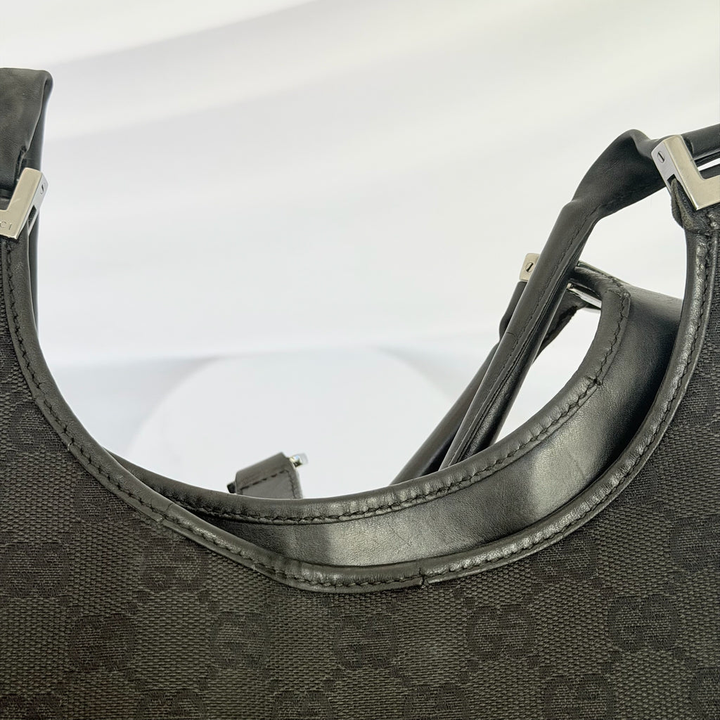 Vintage Gucci Jackie Bardot Medium Size GG Monogram Canvas Leather Black Handbag With Dustbag