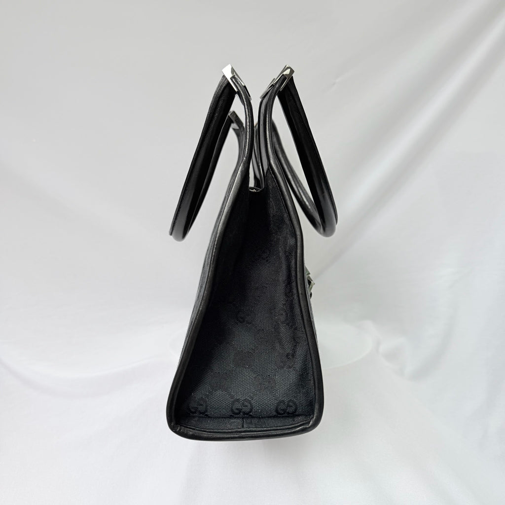 Authentic Vintage Gucci Jackie Bardot Black Monogram Supreme Gg Canvas Leather Medium Handbag