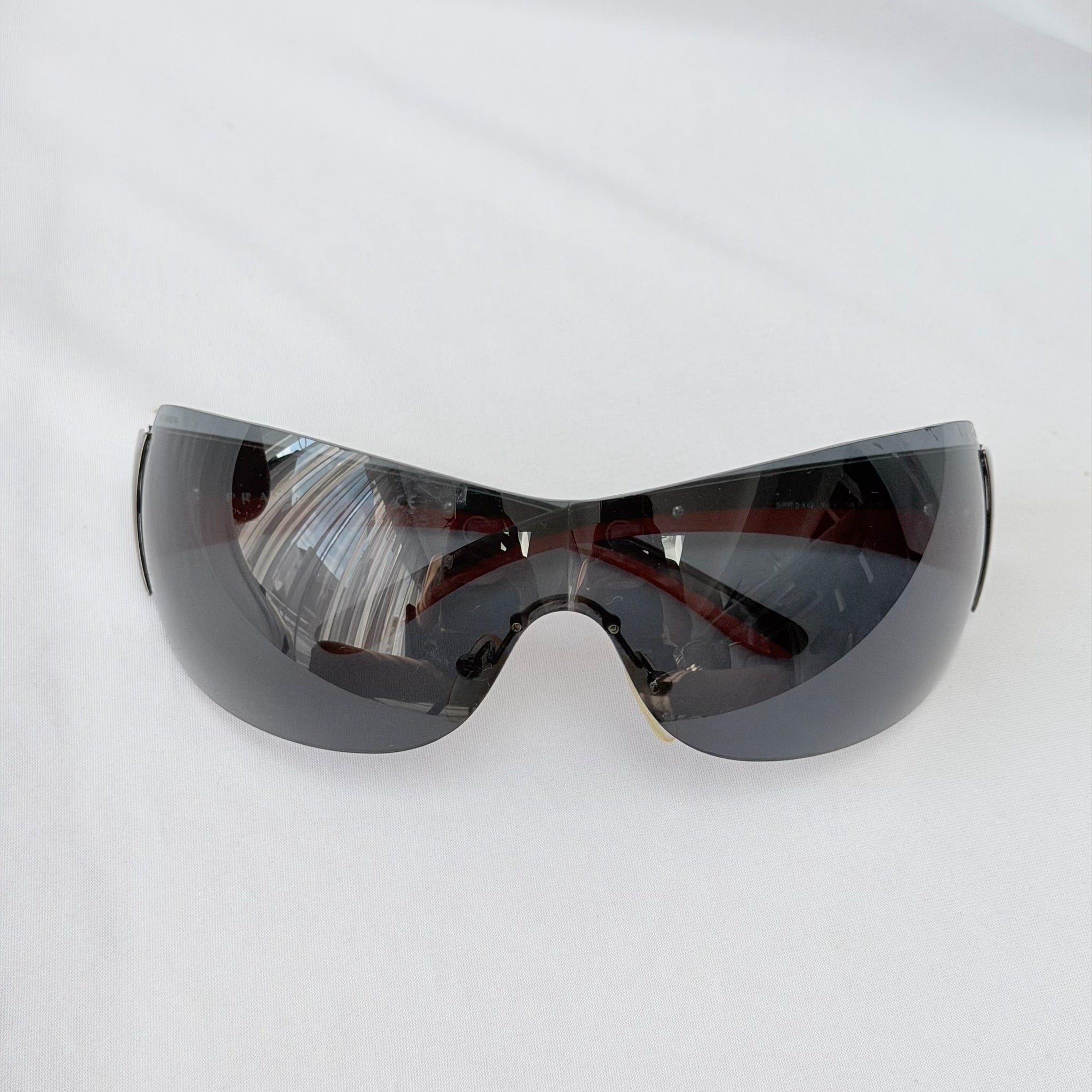 Vintage Prada Wrap Shield Red, Silver & Black Unisex Sunglasses SPR 54G With Case