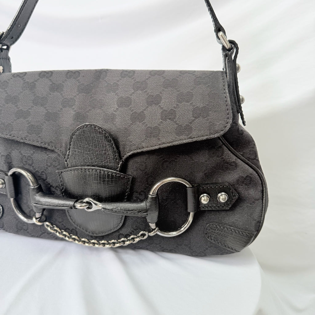 Vintage Gucci Horsebit Black Monogram Canvas Medium Shoulder Handbag Tom Ford Era 2004