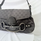 Vintage Gucci Horsebit Black Monogram Canvas Medium Shoulder Handbag Tom Ford Era 2004