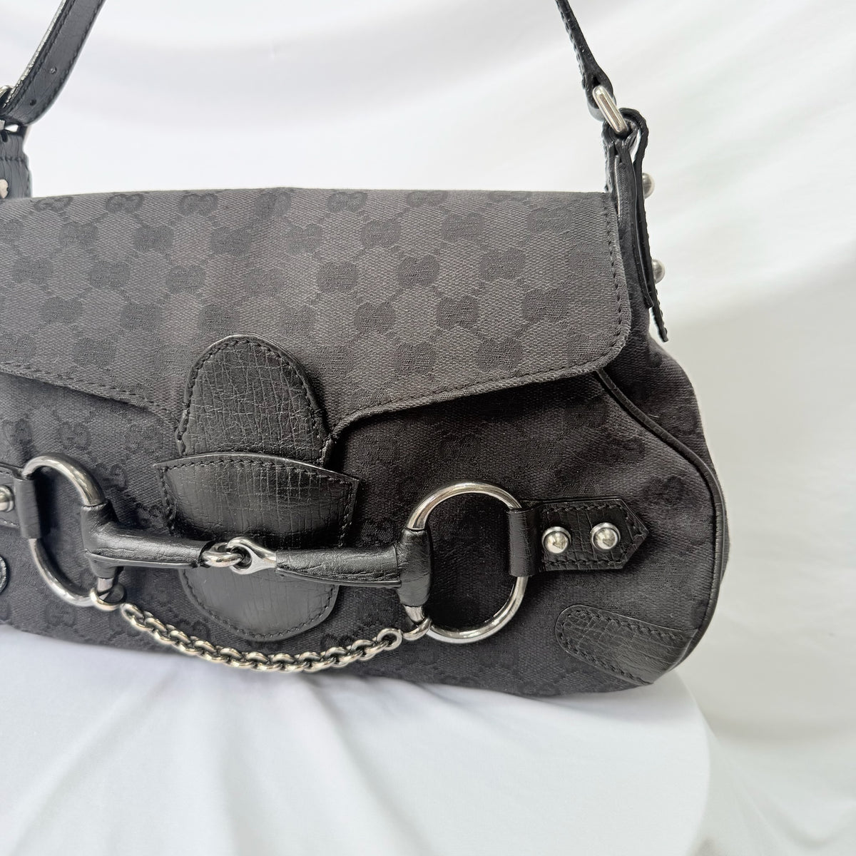 Vintage Gucci Horsebit Black Monogram Canvas Medium Shoulder Handbag Tom Ford Era 2004
