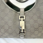 Vintage Gucci Jackie Bardot Medium Size GG Monogram Canvas Leather Black Handbag With Dustbag