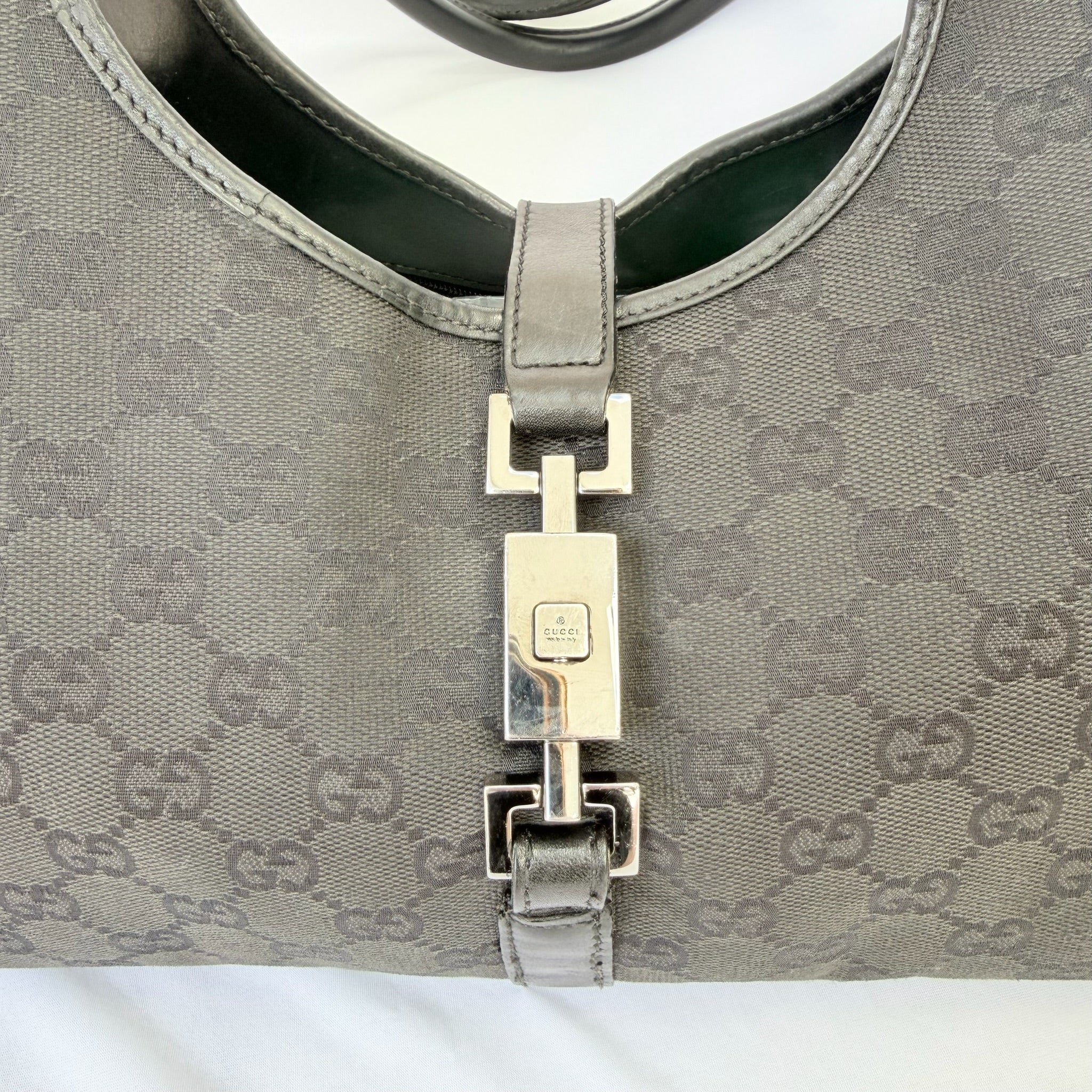 Vintage Gucci Jackie Bardot Medium Size GG Monogram Canvas Leather Black Handbag With Dustbag