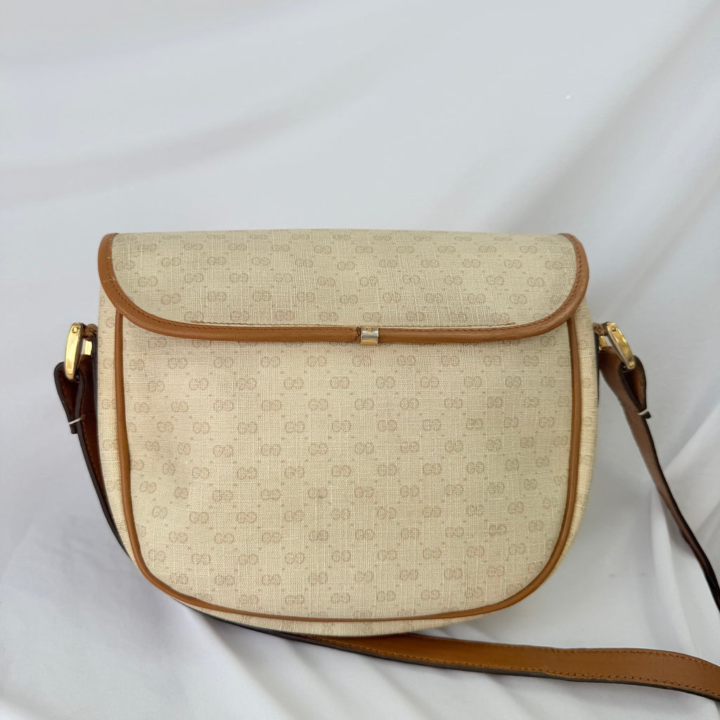 Vintage Gucci GG Supreme Monogram Small Leather Coated Canvas Beige Tan Cream Crossbody Turn Lock Handbag