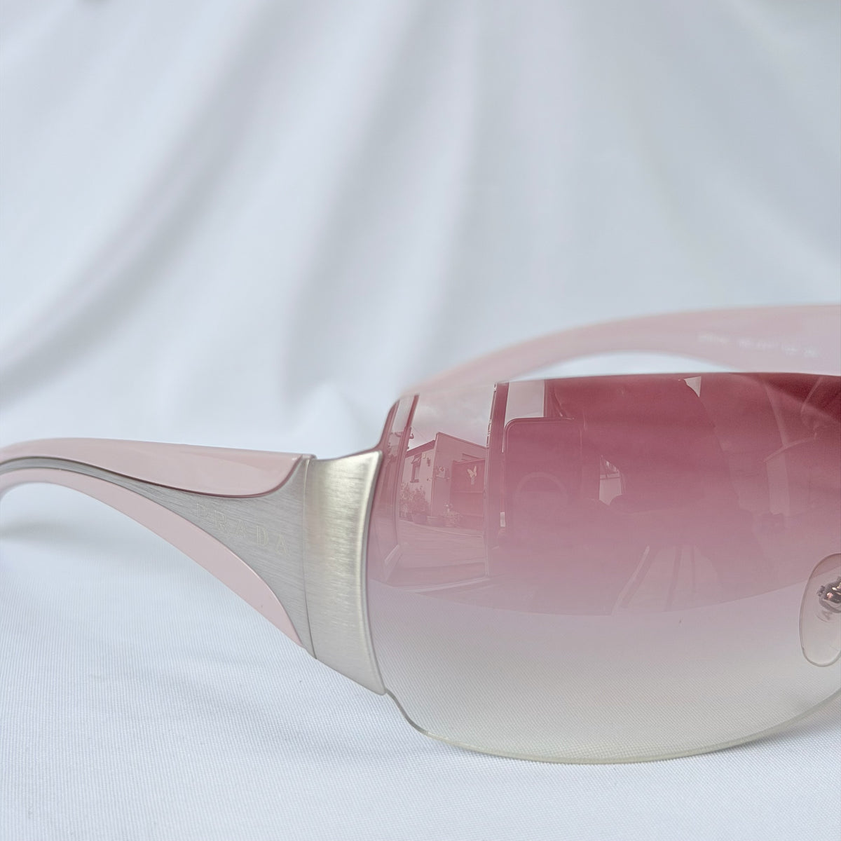 Vintage Prada Y2K Lilac Purple Silver Frameless Wrap Sunshield Oversized Sunglasses SPR 041