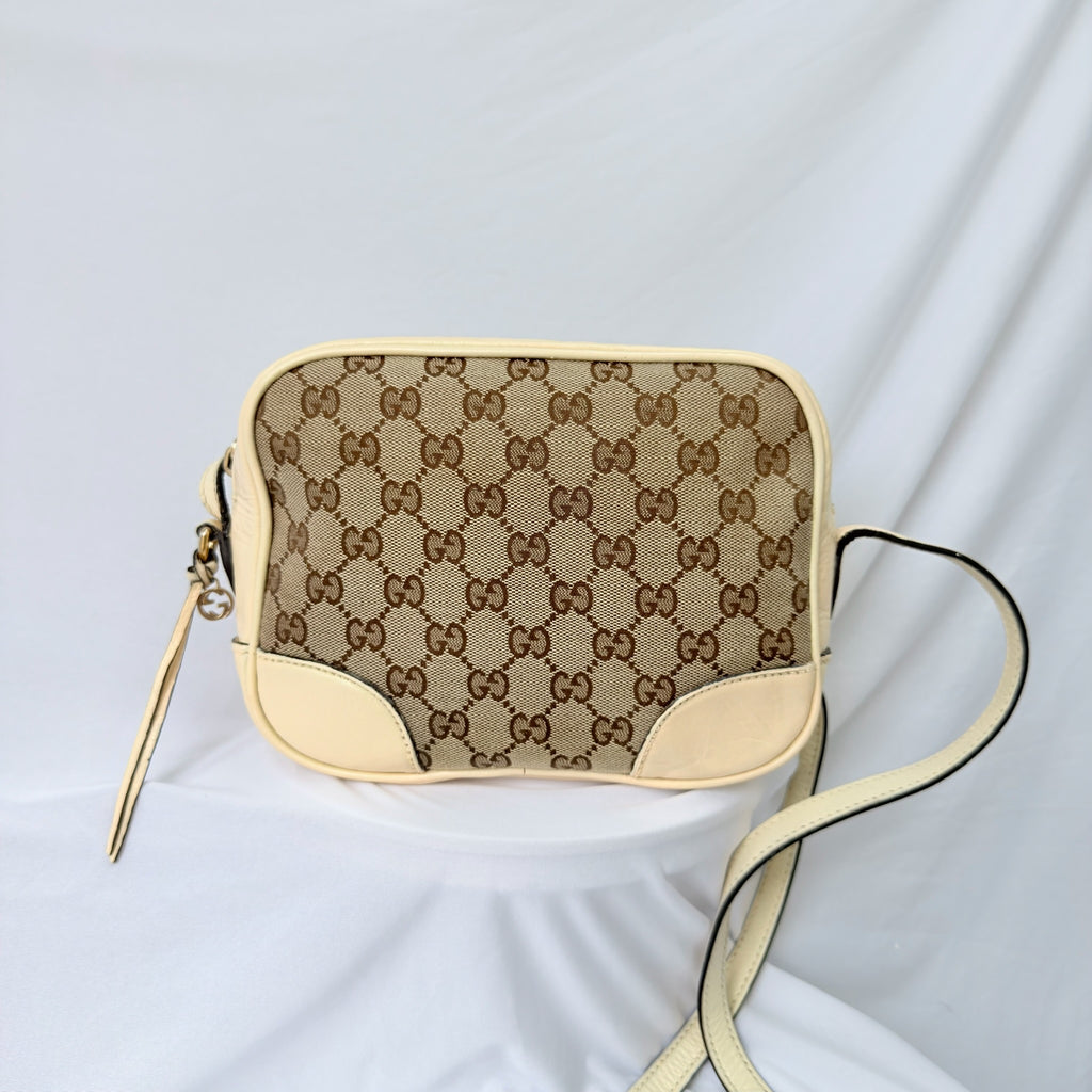 Authentic Gucci GG Bree Cream Leather Brown Canvas Crossbody Women's Bag With Dust bag
