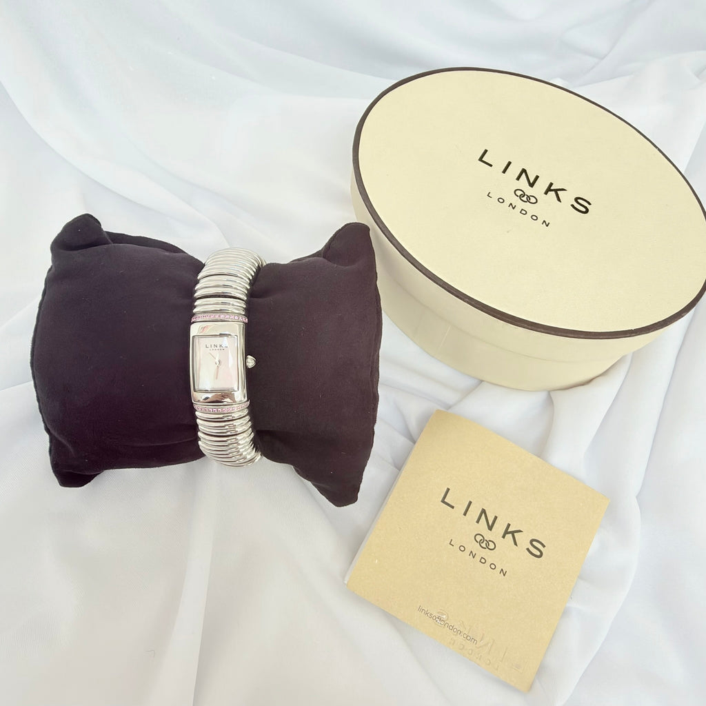 Links Of London Sweetie Watch Silver Pink Diamantés Elasticated Strap Iridescent Watch Face With Packaging 17cm