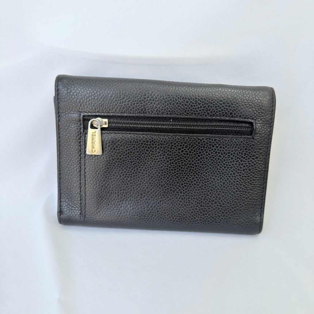 Chanel CC Logo Caviar Skin Trifold Wallet Black Leather Zipper Medium