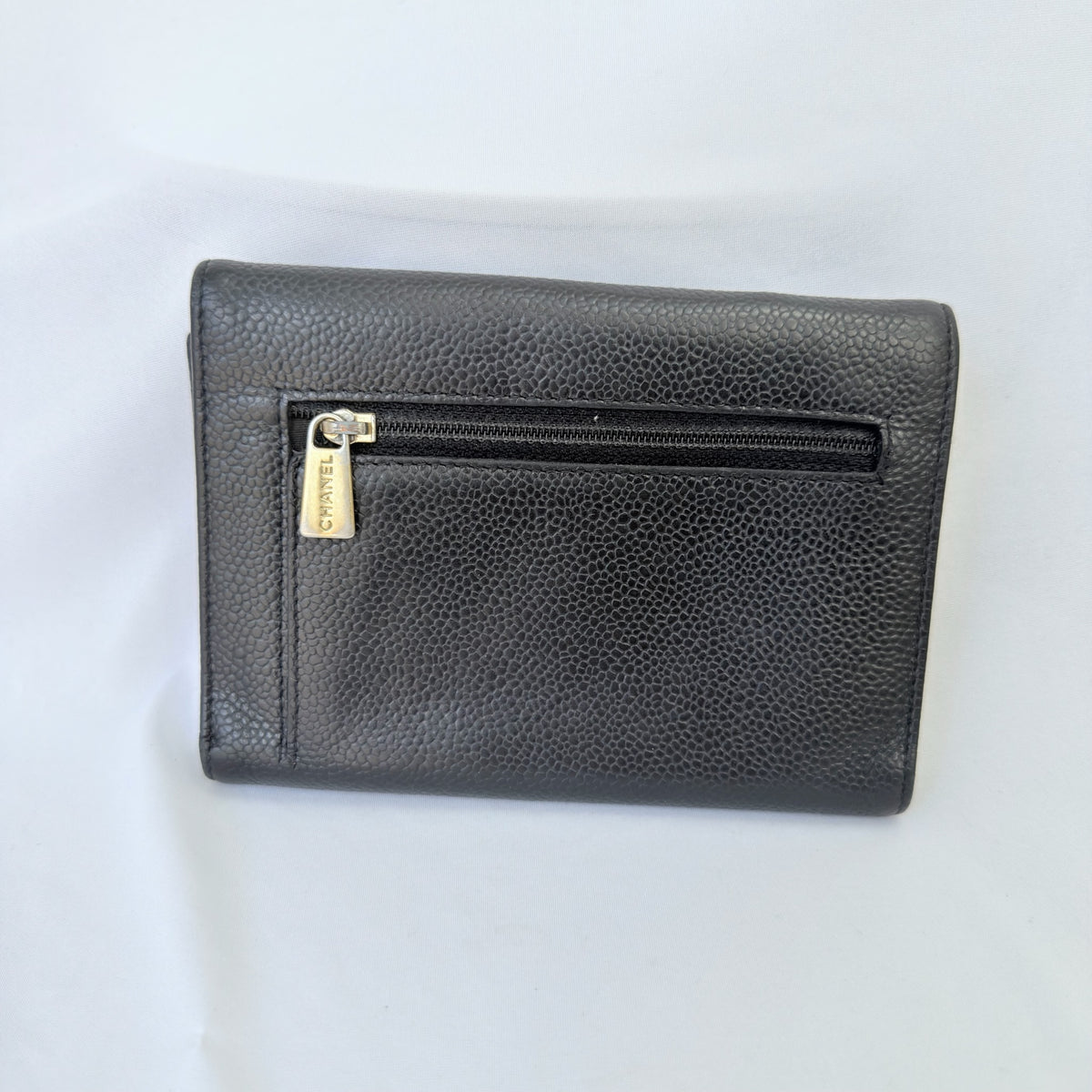 Chanel CC Logo Caviar Skin Trifold Wallet Black Leather Zipper Medium