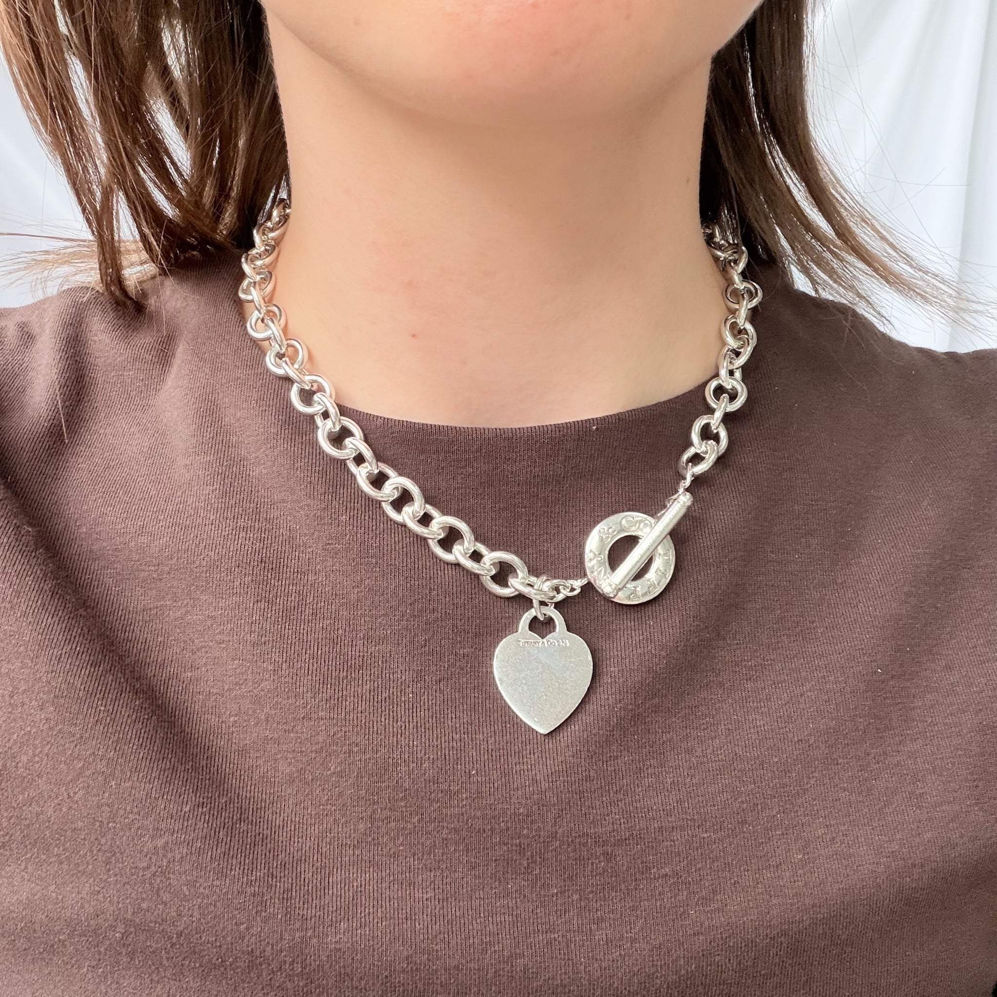 Authentic Vintage Tiffany & Co. Sterling Silver 925 Toggle Heart Pendant Choker Necklace With Pouch 16 inches