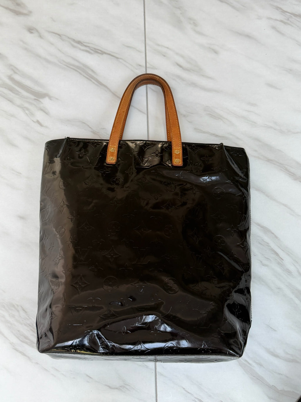 Louis Vuitton Vernis Patent Leather Black Reade MM Tote Bag Redyed Restored