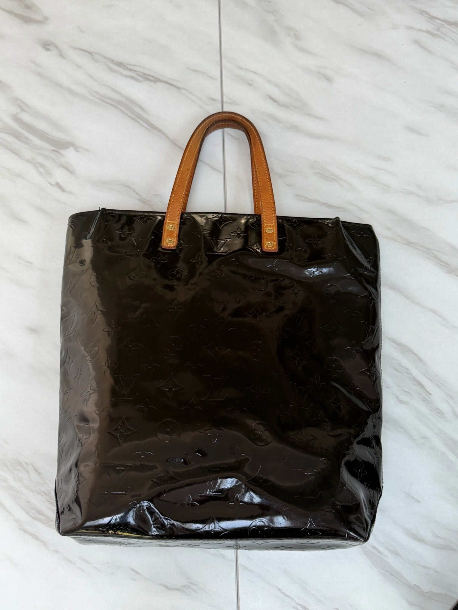 Louis Vuitton Vernis Patent Leather Black Reade MM Tote Bag Redyed Restored