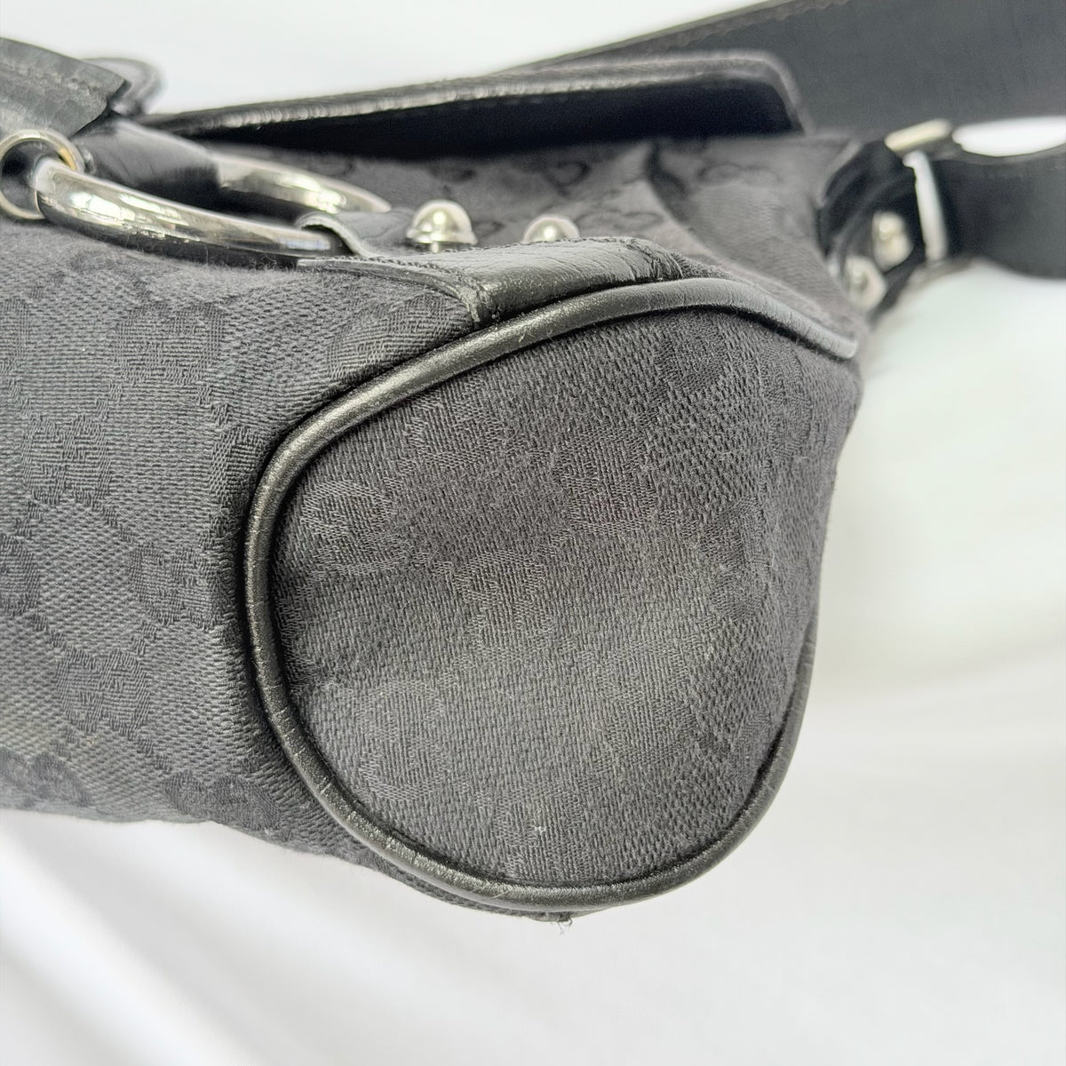Vintage Gucci Horsebit Black Monogram Canvas Medium Shoulder Handbag Tom Ford Era 2004