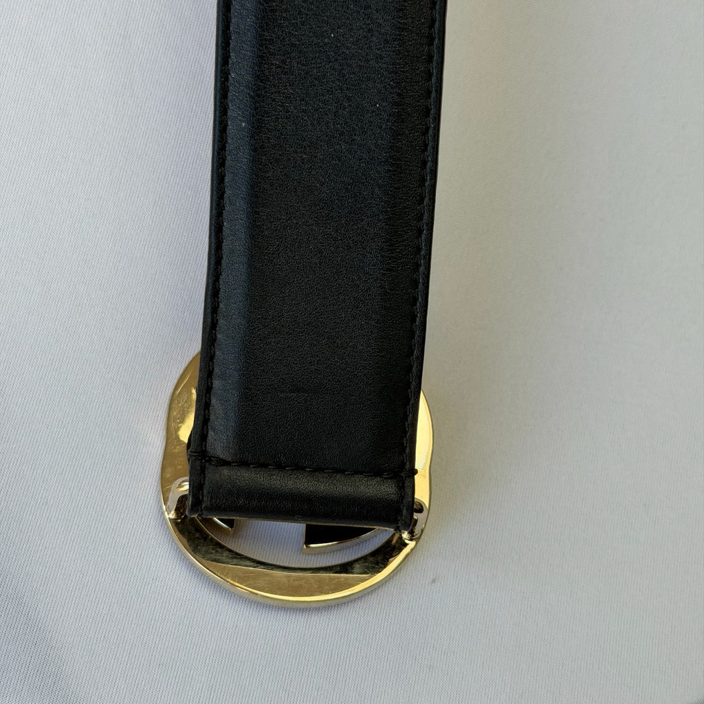 Gucci Interlocking G 24K Gold Plated Black Leather Belt 3.5cm width 36” 370543
