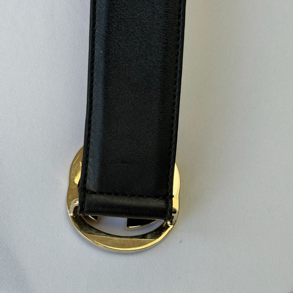 Gucci Interlocking G 24K Gold Plated Black Leather Belt 3.5cm width 36” 370543