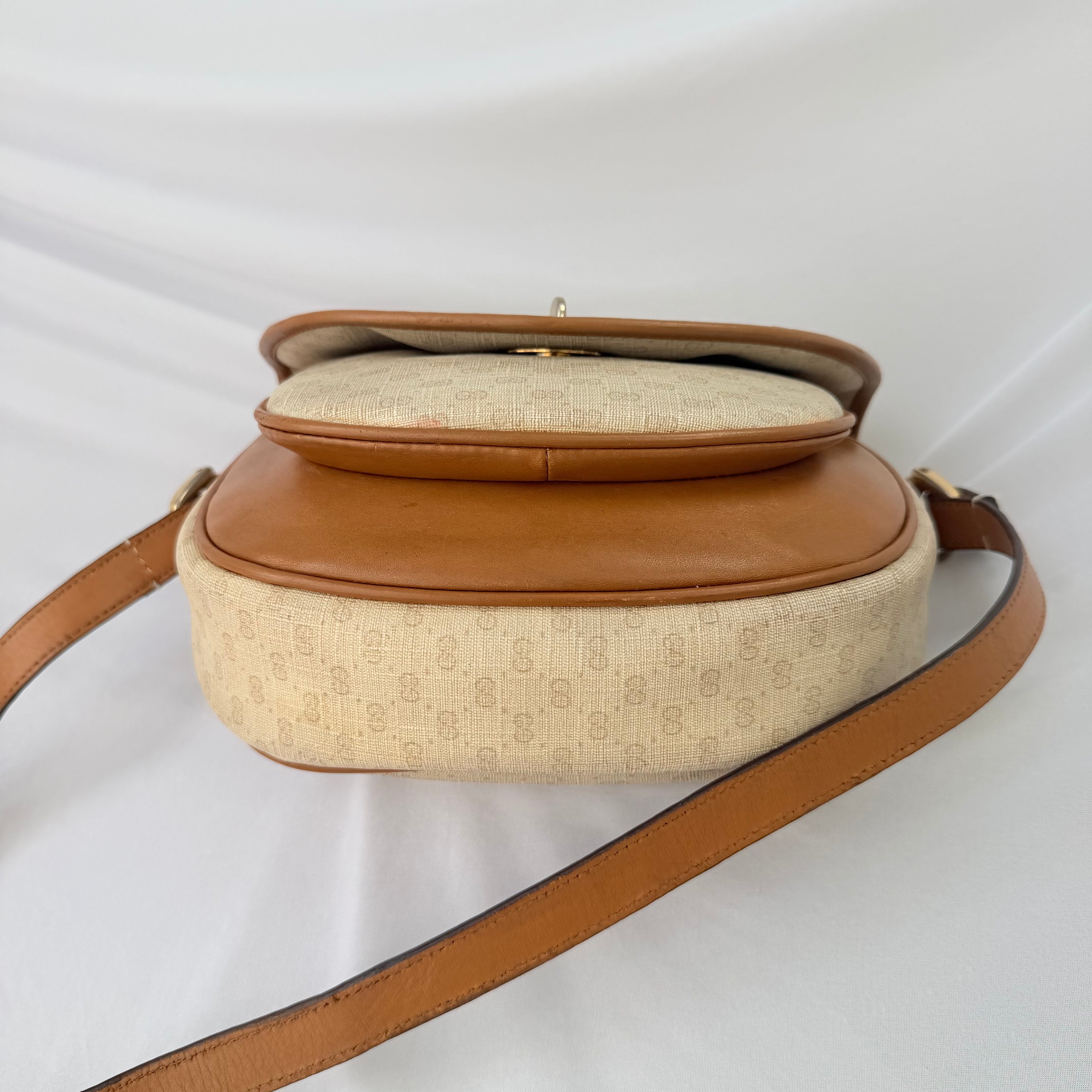 Vintage Gucci GG Supreme Monogram Small Leather Coated Canvas Beige Tan Cream Crossbody Turn Lock Handbag